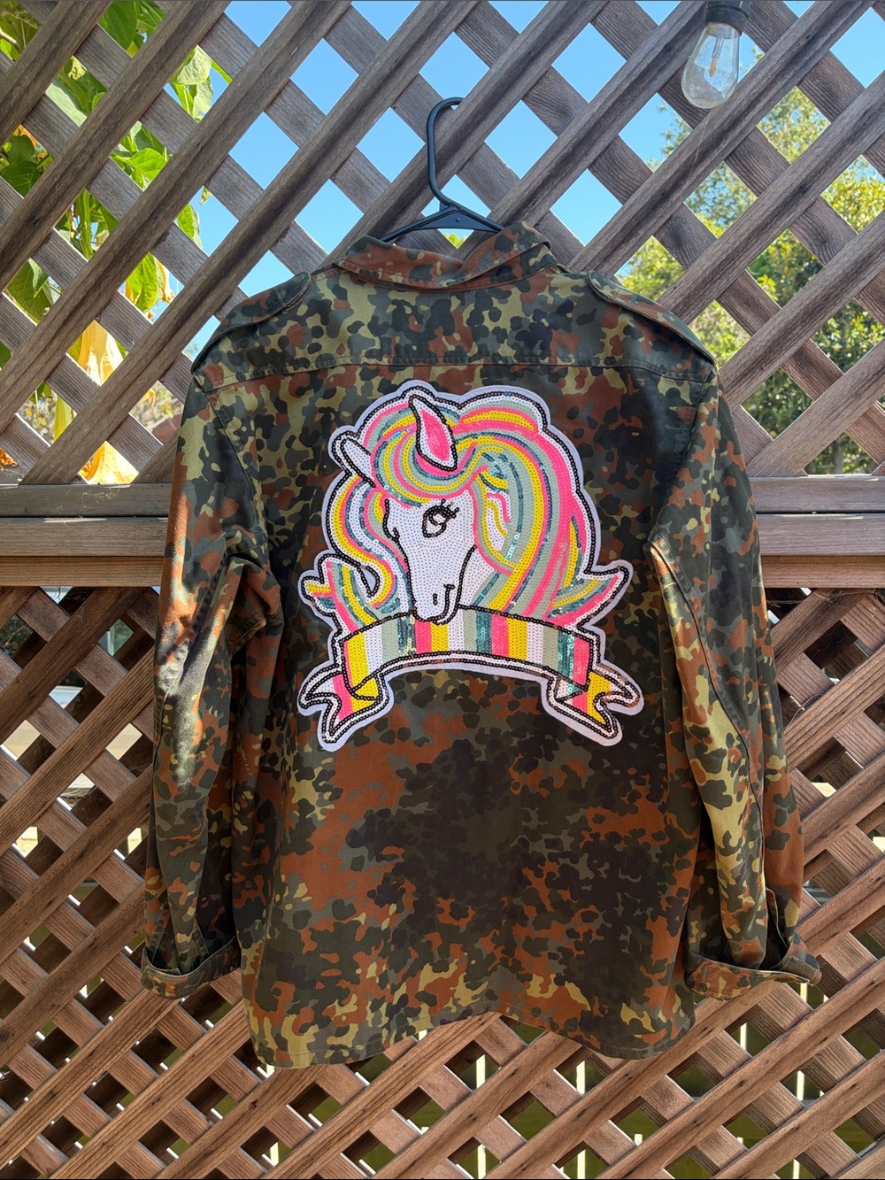 Camo Jacket with Rainbow Unicorn Patch - Green